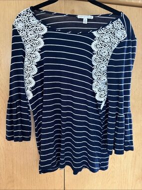 Notations Navy & White Striped Lace-Trim Long Sleeve Top